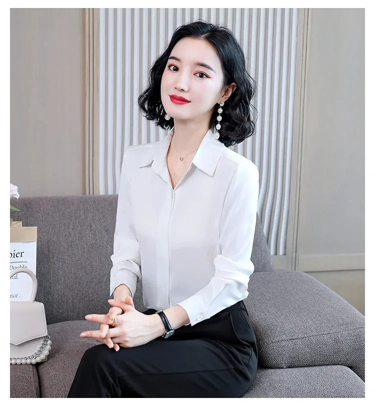 Women Silk Office Shirt 2024 Fashion Long Sleeve Casual Female Tops Elegant Ladies Vintage White Satin Blouses Shirts Oversized