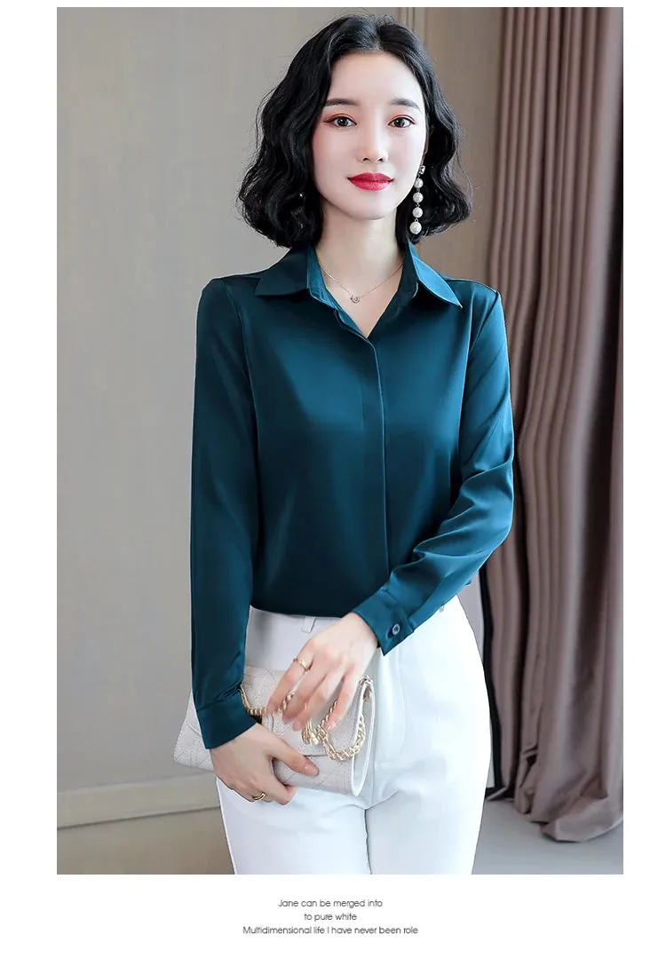 Women Silk Office Shirt 2024 Fashion Long Sleeve Casual Female Tops Elegant Ladies Vintage White Satin Blouses Shirts Oversized
