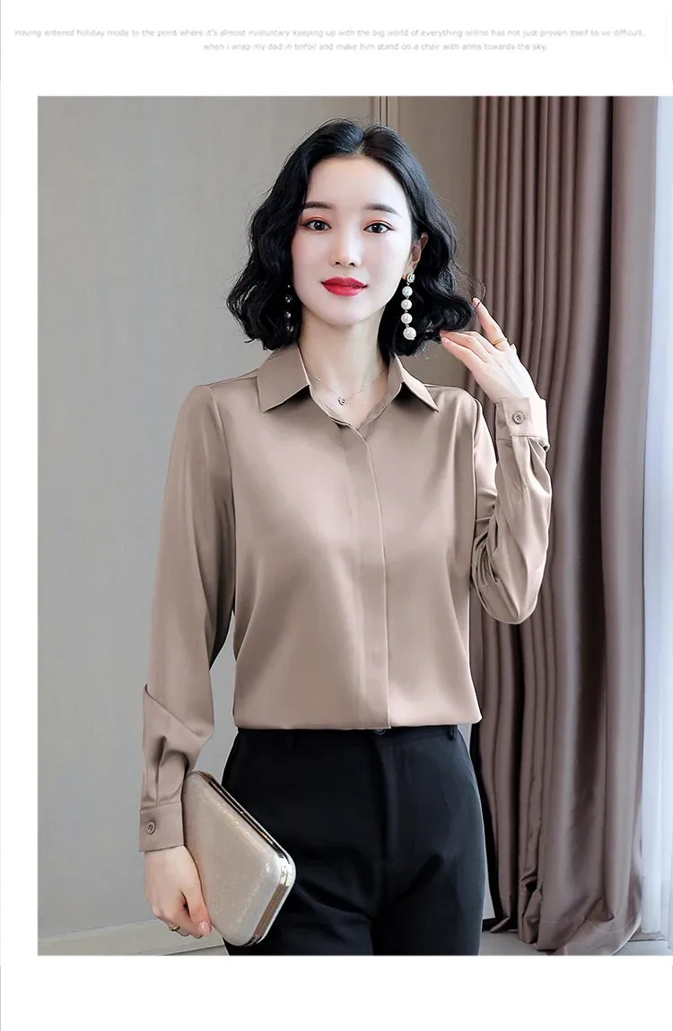 Women Silk Office Shirt 2024 Fashion Long Sleeve Casual Female Tops Elegant Ladies Vintage White Satin Blouses Shirts Oversized