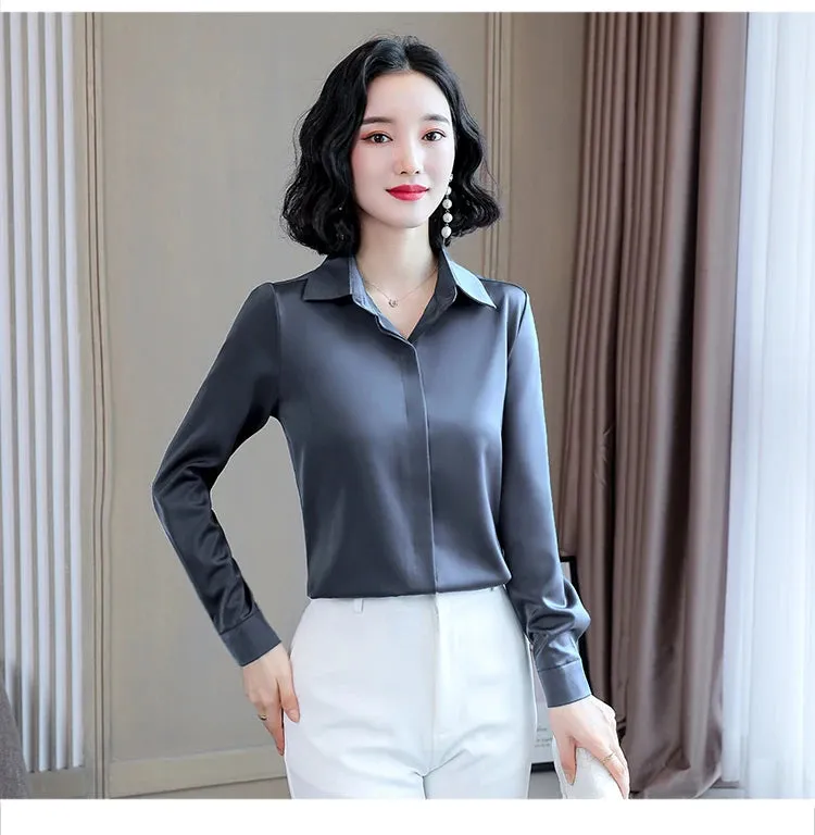 Women Silk Office Shirt 2024 Fashion Long Sleeve Casual Female Tops Elegant Ladies Vintage White Satin Blouses Shirts Oversized