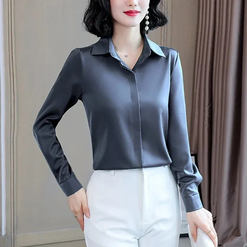Women Silk Office Shirt 2024 Fashion Long Sleeve Casual Female Tops Elegant Ladies Vintage White Satin Blouses Shirts Oversized