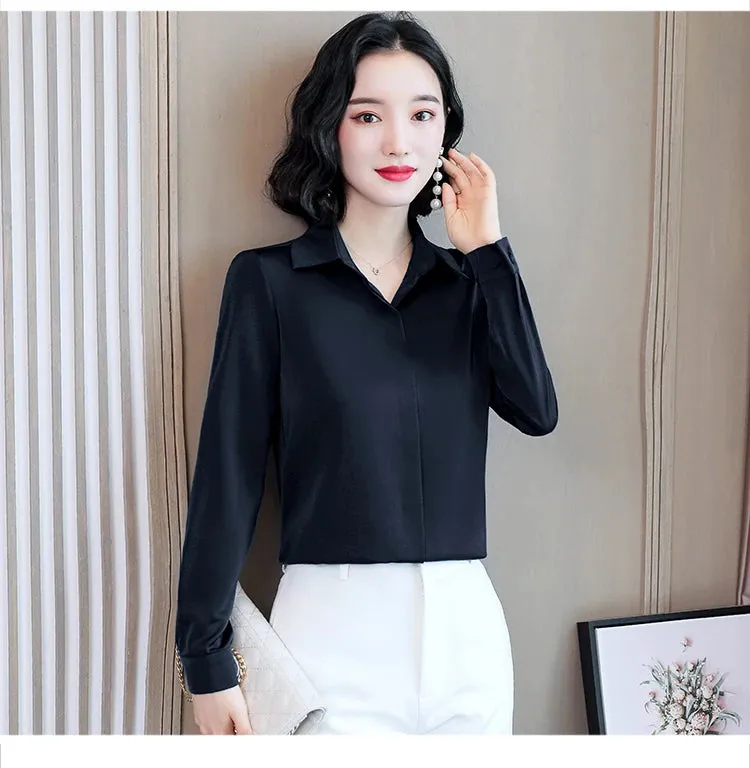 Women Silk Office Shirt 2024 Fashion Long Sleeve Casual Female Tops Elegant Ladies Vintage White Satin Blouses Shirts Oversized