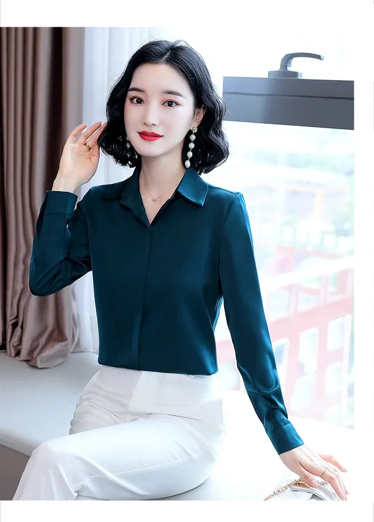 Women Silk Office Shirt 2024 Fashion Long Sleeve Casual Female Tops Elegant Ladies Vintage White Satin Blouses Shirts Oversized
