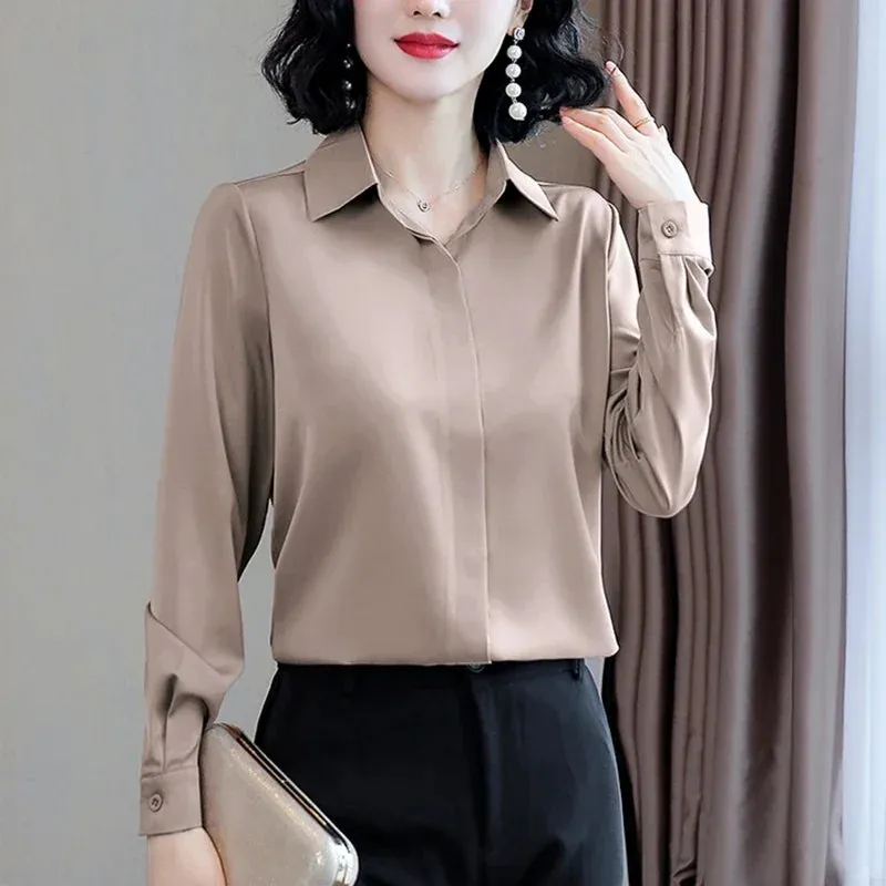 Women Silk Office Shirt 2024 Fashion Long Sleeve Casual Female Tops Elegant Ladies Vintage White Satin Blouses Shirts Oversized
