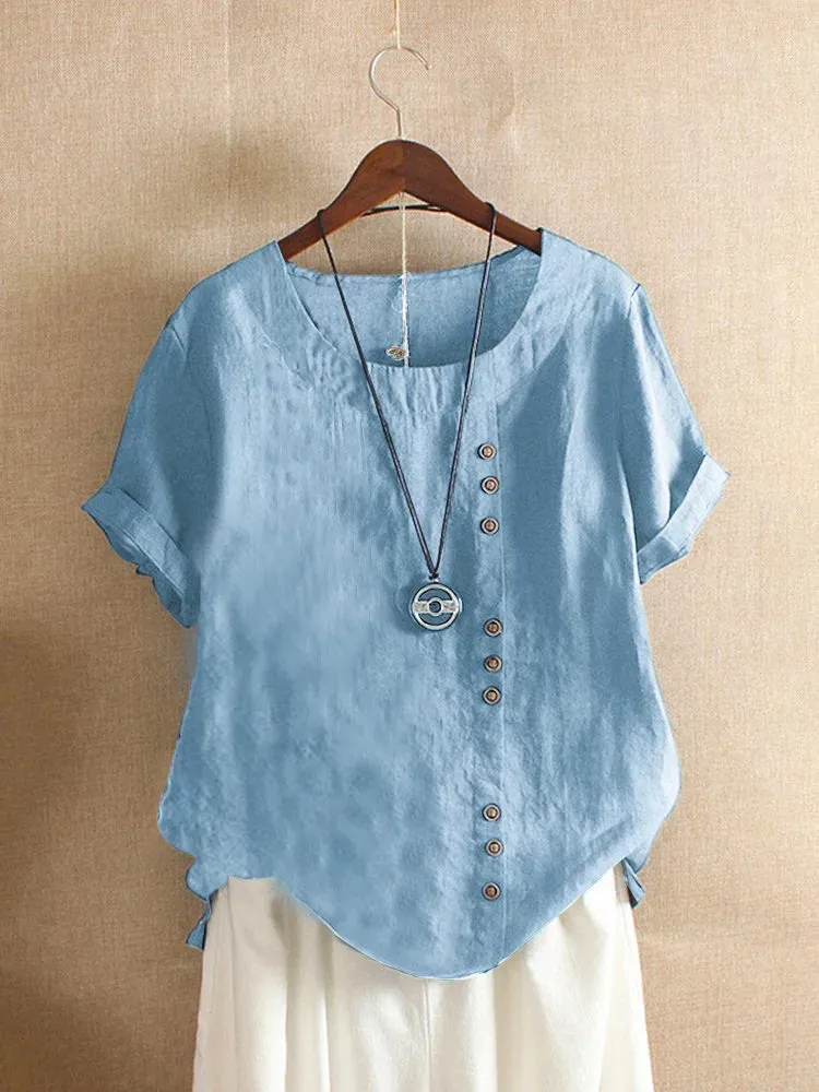 Women's Cotton And Linen Top Summer Casual Loose Fitting Button Short Sleeve Solid Color Pullover Blouse Femme Blusas