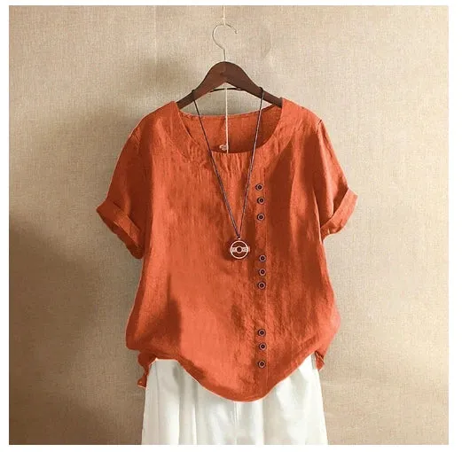 Women's Cotton And Linen Top Summer Casual Loose Fitting Button Short Sleeve Solid Color Pullover Blouse Femme Blusas