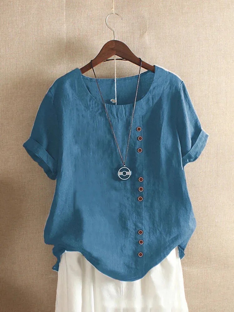 Women's Cotton And Linen Top Summer Casual Loose Fitting Button Short Sleeve Solid Color Pullover Blouse Femme Blusas