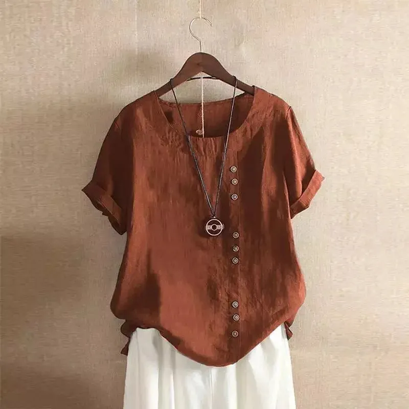 Women's Cotton And Linen Top Summer Casual Loose Fitting Button Short Sleeve Solid Color Pullover Blouse Femme Blusas