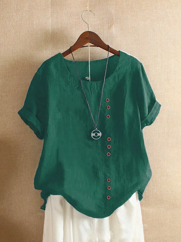 Women's Cotton And Linen Top Summer Casual Loose Fitting Button Short Sleeve Solid Color Pullover Blouse Femme Blusas