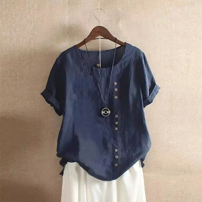 Women's Cotton And Linen Top Summer Casual Loose Fitting Button Short Sleeve Solid Color Pullover Blouse Femme Blusas