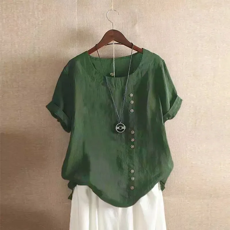 Women's Cotton And Linen Top Summer Casual Loose Fitting Button Short Sleeve Solid Color Pullover Blouse Femme Blusas