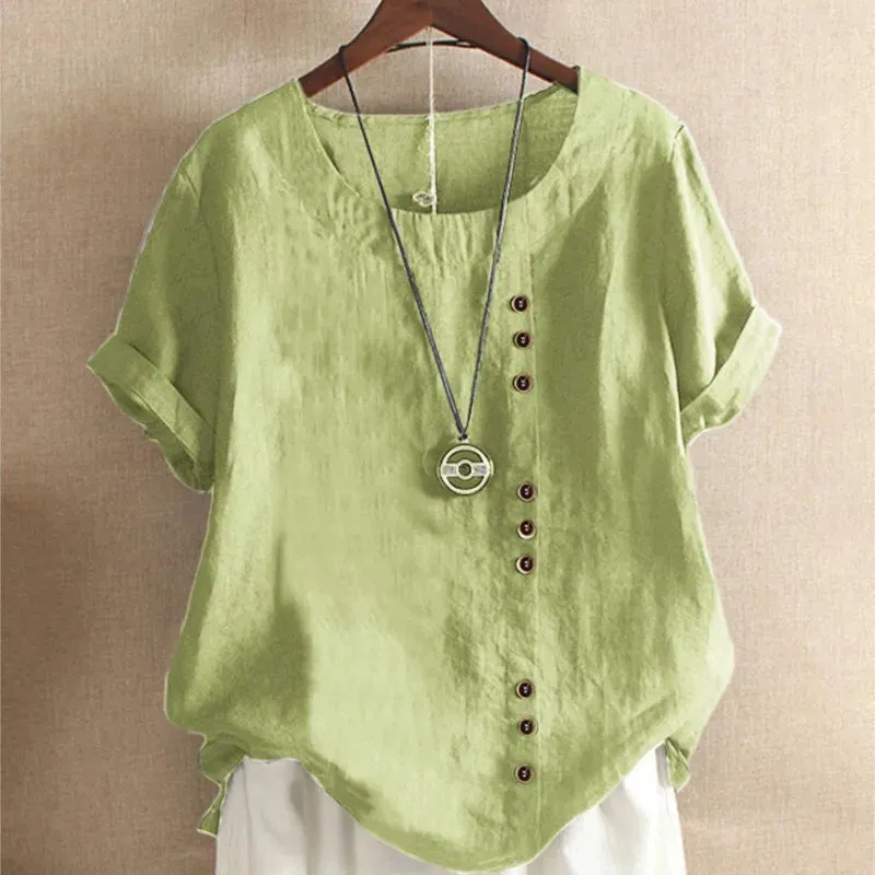 Women's Cotton And Linen Top Summer Casual Loose Fitting Button Short Sleeve Solid Color Pullover Blouse Femme Blusas