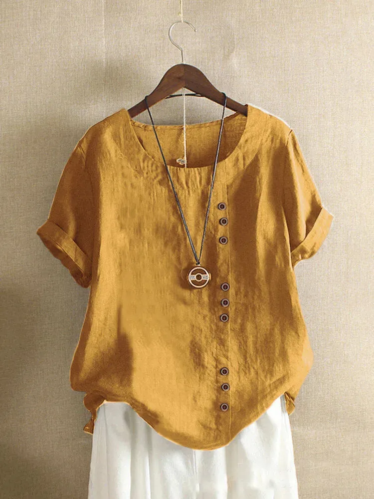 Women's Cotton And Linen Top Summer Casual Loose Fitting Button Short Sleeve Solid Color Pullover Blouse Femme Blusas
