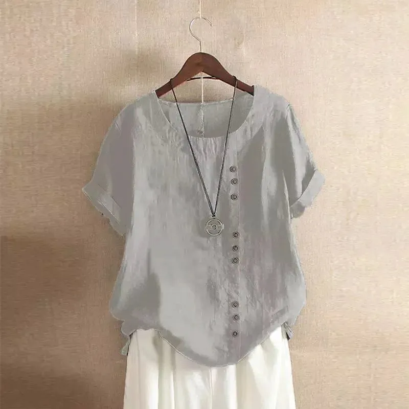 Women's Cotton And Linen Top Summer Casual Loose Fitting Button Short Sleeve Solid Color Pullover Blouse Femme Blusas