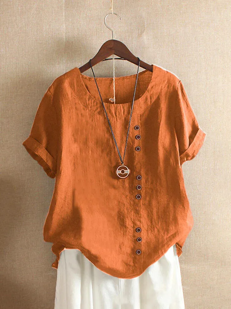 Women's Cotton And Linen Top Summer Casual Loose Fitting Button Short Sleeve Solid Color Pullover Blouse Femme Blusas