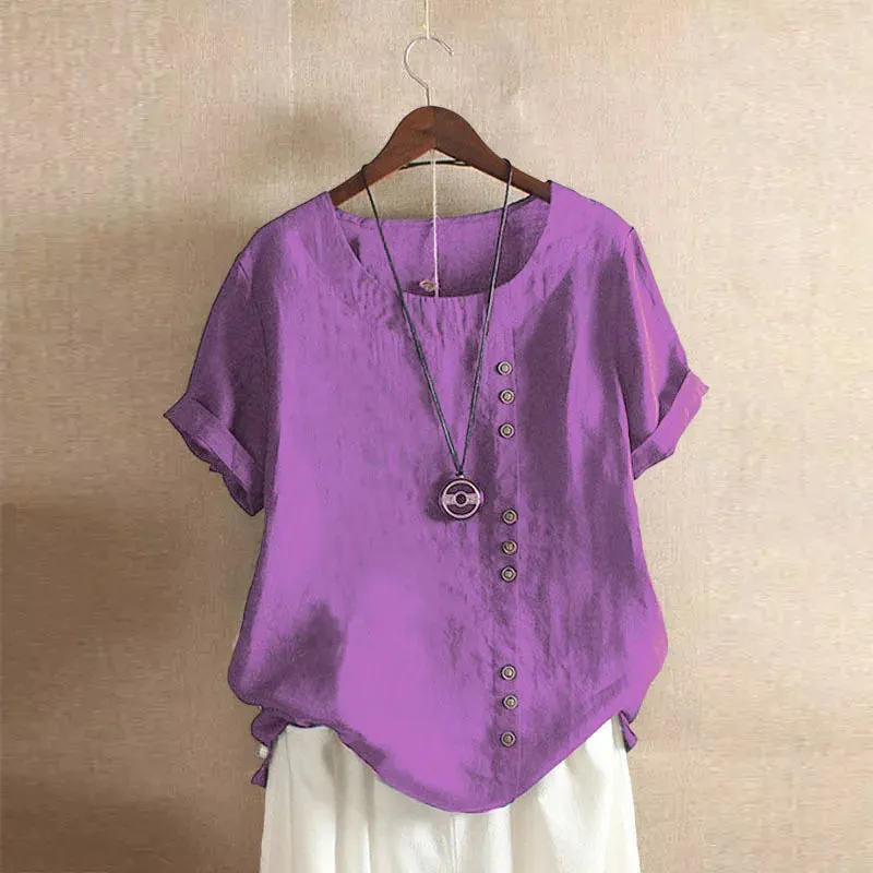 Women's Cotton And Linen Top Summer Casual Loose Fitting Button Short Sleeve Solid Color Pullover Blouse Femme Blusas