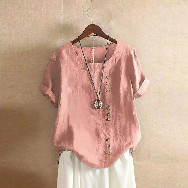 Women's Cotton And Linen Top Summer Casual Loose Fitting Button Short Sleeve Solid Color Pullover Blouse Femme Blusas