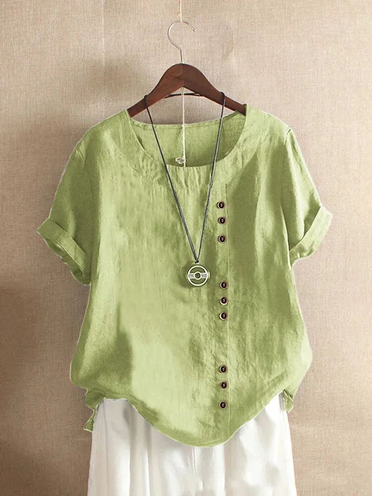 Women's Cotton And Linen Top Summer Casual Loose Fitting Button Short Sleeve Solid Color Pullover Blouse Femme Blusas
