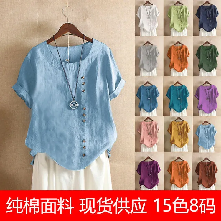 Women's Cotton And Linen Top Summer Casual Loose Fitting Button Short Sleeve Solid Color Pullover Blouse Femme Blusas