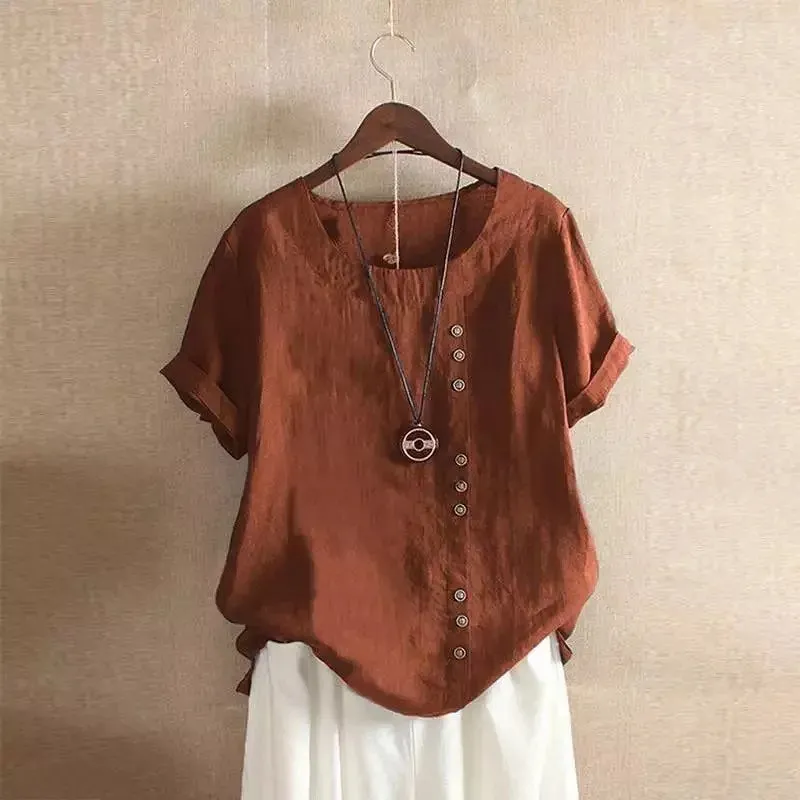 Women's Cotton And Linen Top Summer Casual Loose Fitting Button Short Sleeve Solid Color Pullover Blouse Femme Blusas