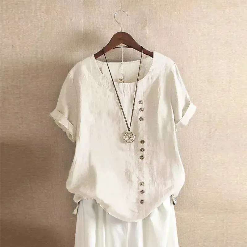 Women's Cotton And Linen Top Summer Casual Loose Fitting Button Short Sleeve Solid Color Pullover Blouse Femme Blusas