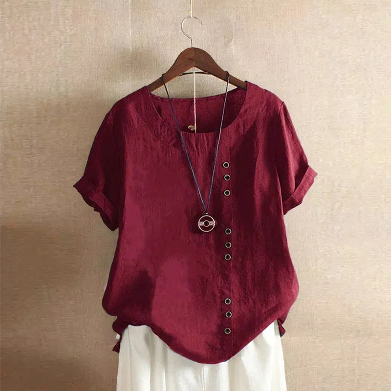 Women's Cotton And Linen Top Summer Casual Loose Fitting Button Short Sleeve Solid Color Pullover Blouse Femme Blusas
