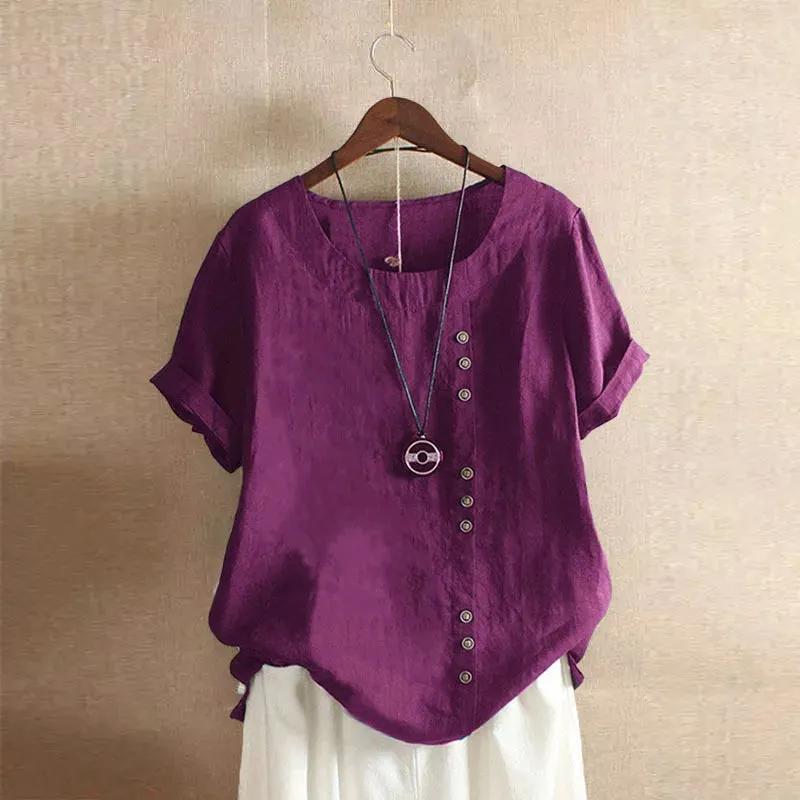 Women's Cotton And Linen Top Summer Casual Loose Fitting Button Short Sleeve Solid Color Pullover Blouse Femme Blusas