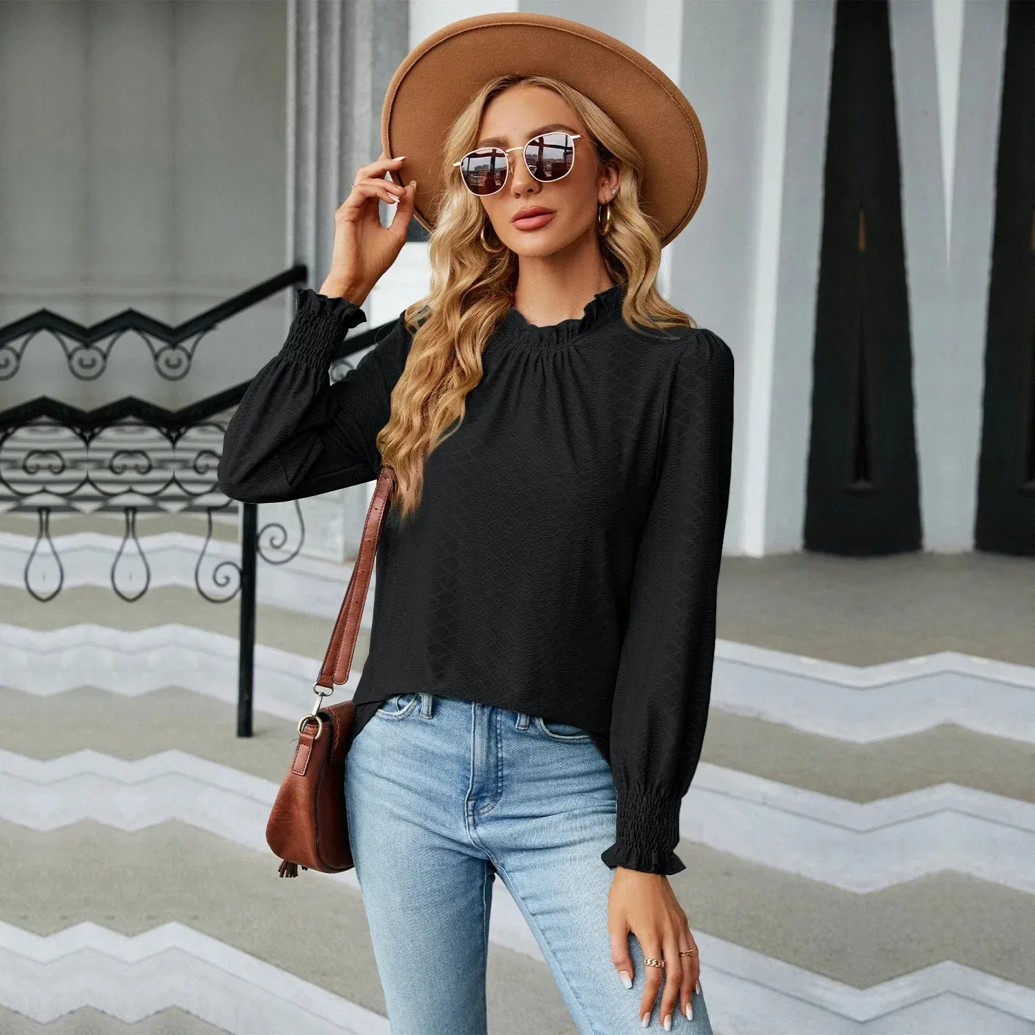 Women's Shirts & Blouses for Women Elegant Tops Long Sleeve Shirring Korean Popular Clothes Black Blue Woman Clothing Trend 2024