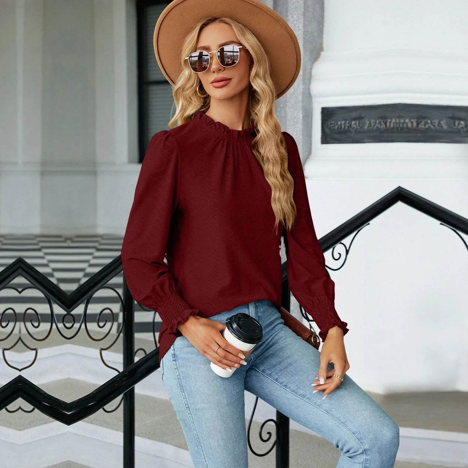 Women's Shirts & Blouses for Women Elegant Tops Long Sleeve Shirring Korean Popular Clothes Black Blue Woman Clothing Trend 2024