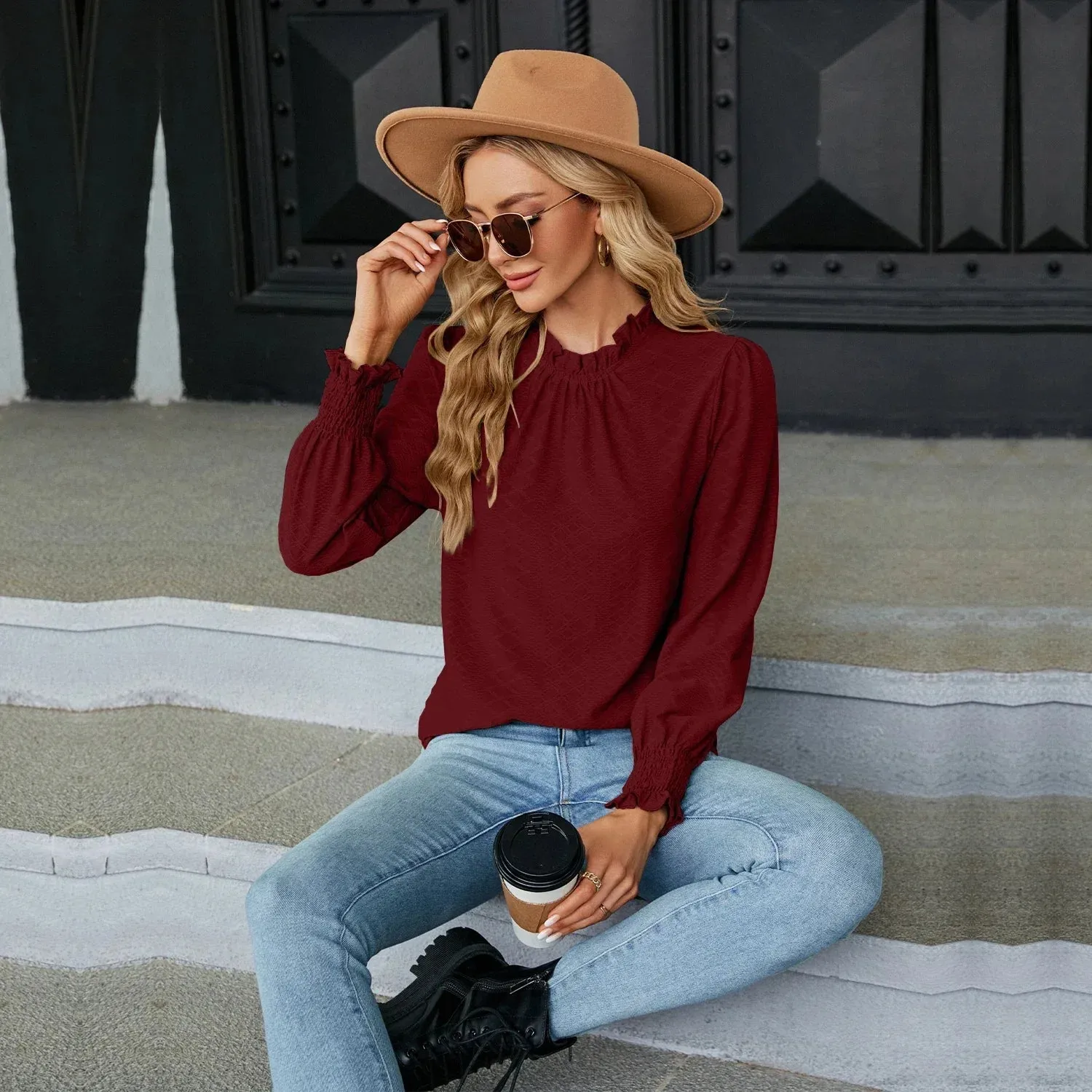 Women's Shirts & Blouses for Women Elegant Tops Long Sleeve Shirring Korean Popular Clothes Black Blue Woman Clothing Trend 2024