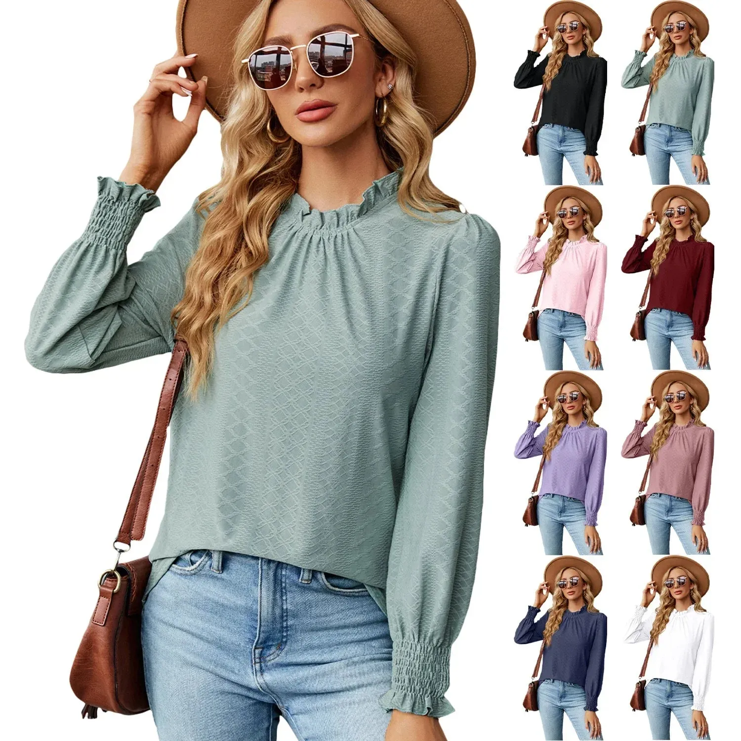Women's Shirts & Blouses for Women Elegant Tops Long Sleeve Shirring Korean Popular Clothes Black Blue Woman Clothing Trend 2024