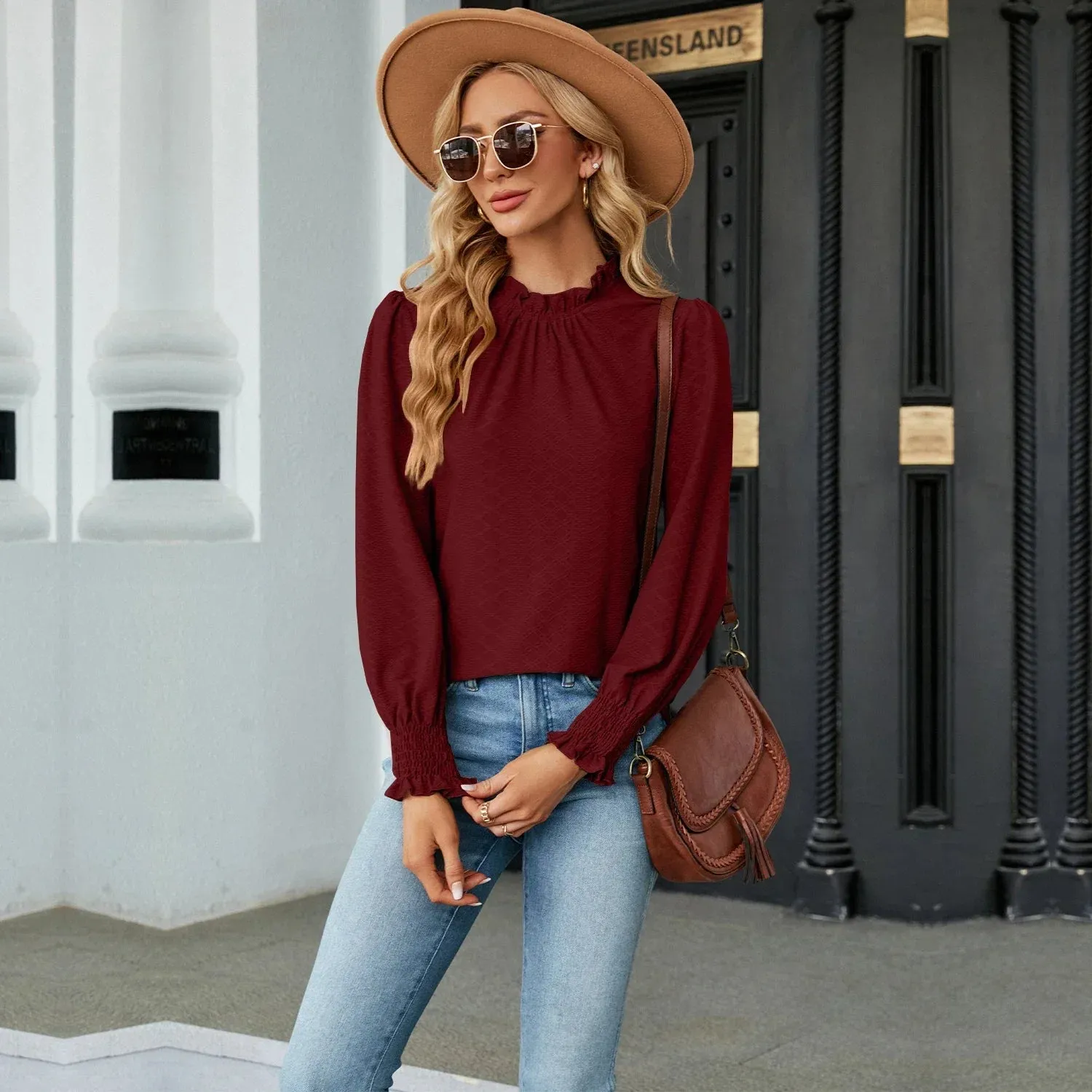 Women's Shirts & Blouses for Women Elegant Tops Long Sleeve Shirring Korean Popular Clothes Black Blue Woman Clothing Trend 2024