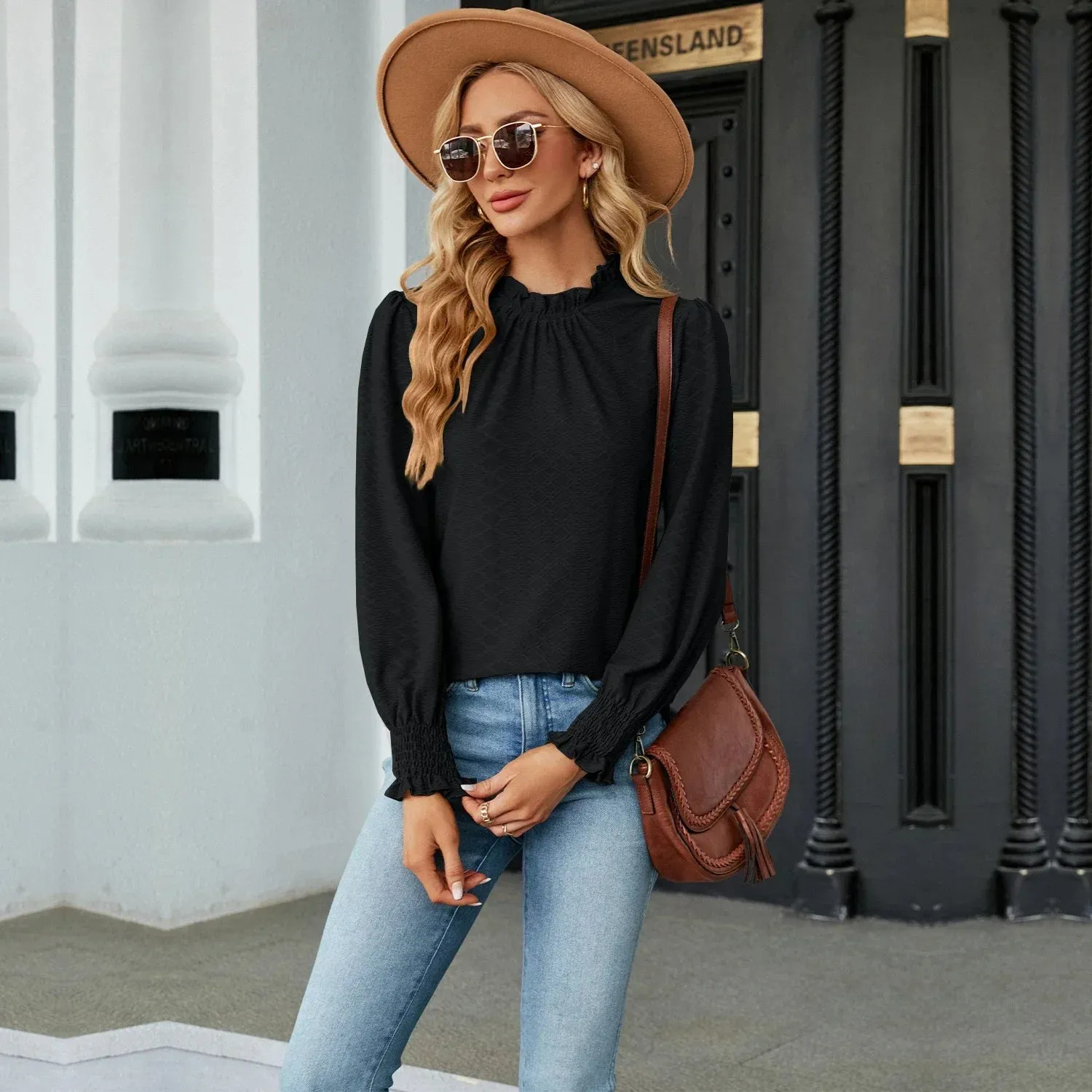Women's Shirts & Blouses for Women Elegant Tops Long Sleeve Shirring Korean Popular Clothes Black Blue Woman Clothing Trend 2024