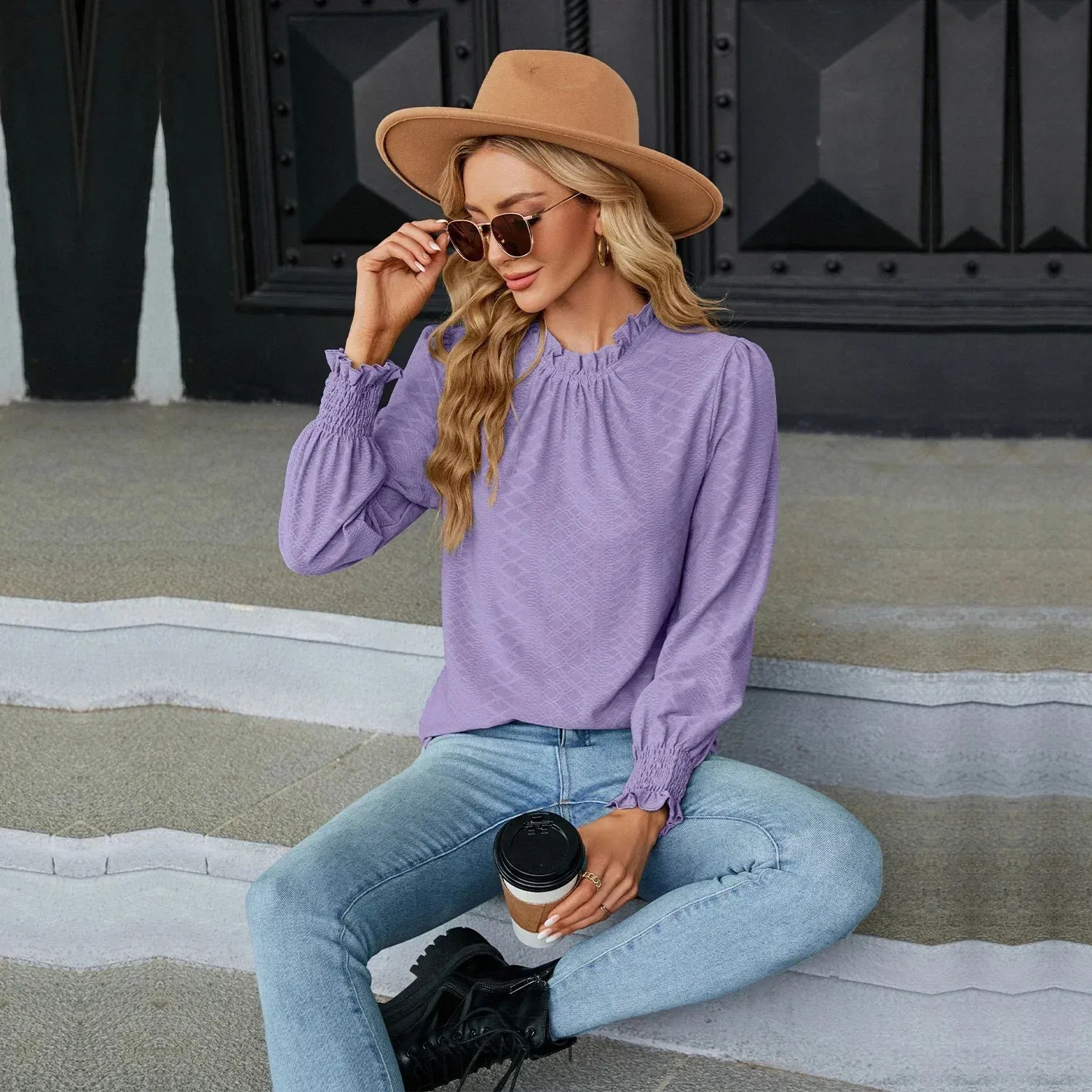 Women's Shirts & Blouses for Women Elegant Tops Long Sleeve Shirring Korean Popular Clothes Black Blue Woman Clothing Trend 2024