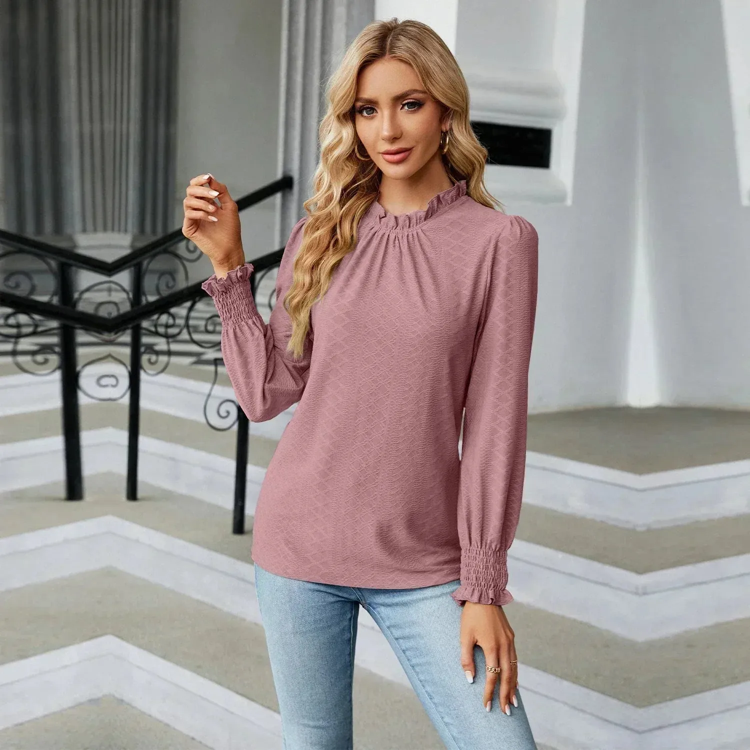 Women's Shirts & Blouses for Women Elegant Tops Long Sleeve Shirring Korean Popular Clothes Black Blue Woman Clothing Trend 2024