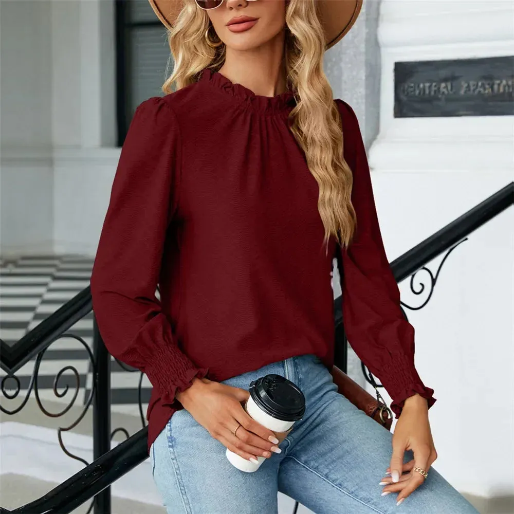 Women's Shirts & Blouses for Women Elegant Tops Long Sleeve Shirring Korean Popular Clothes Black Blue Woman Clothing Trend 2024