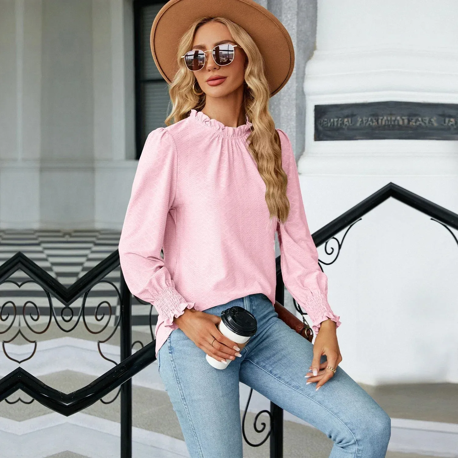 Women's Shirts & Blouses for Women Elegant Tops Long Sleeve Shirring Korean Popular Clothes Black Blue Woman Clothing Trend 2024