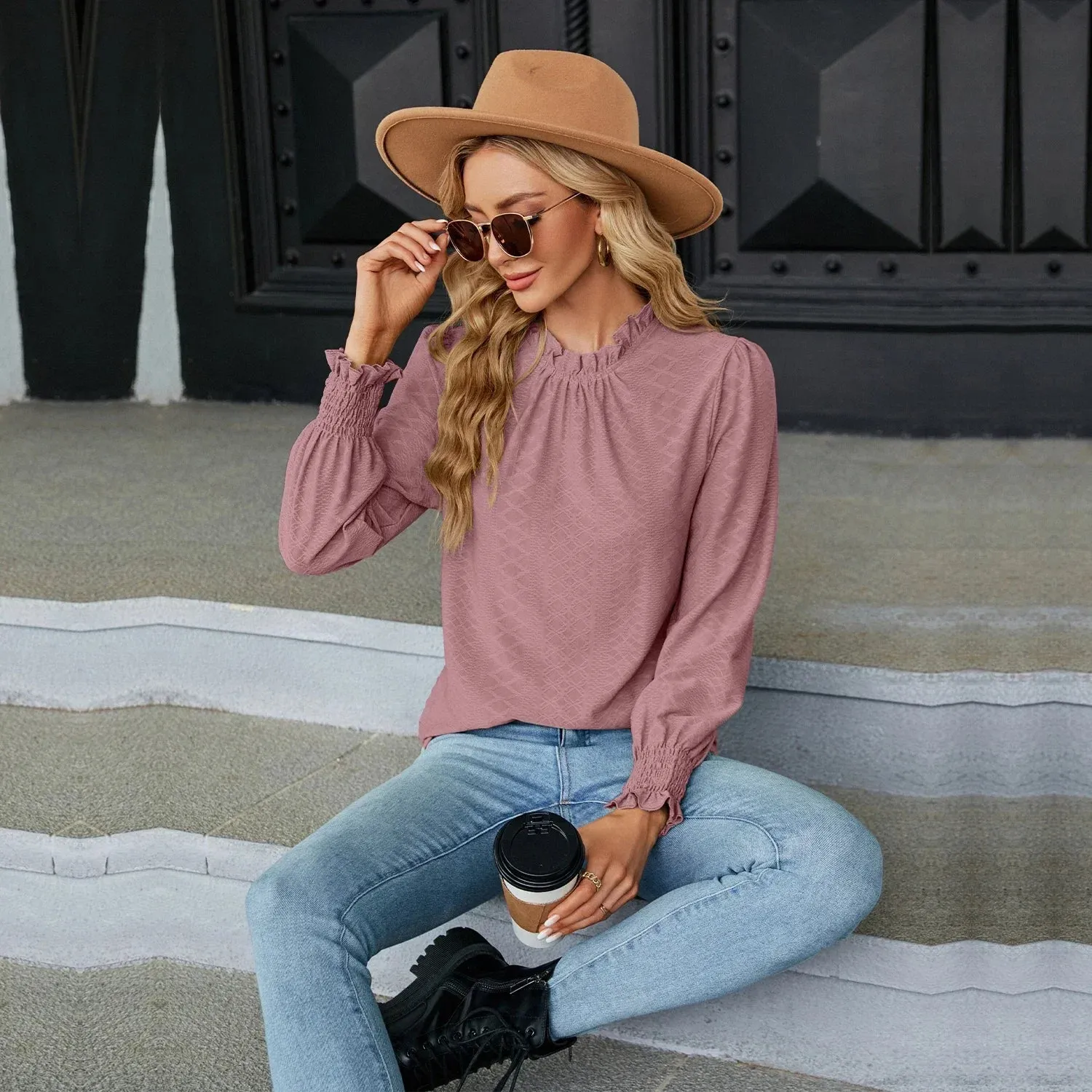 Women's Shirts & Blouses for Women Elegant Tops Long Sleeve Shirring Korean Popular Clothes Black Blue Woman Clothing Trend 2024