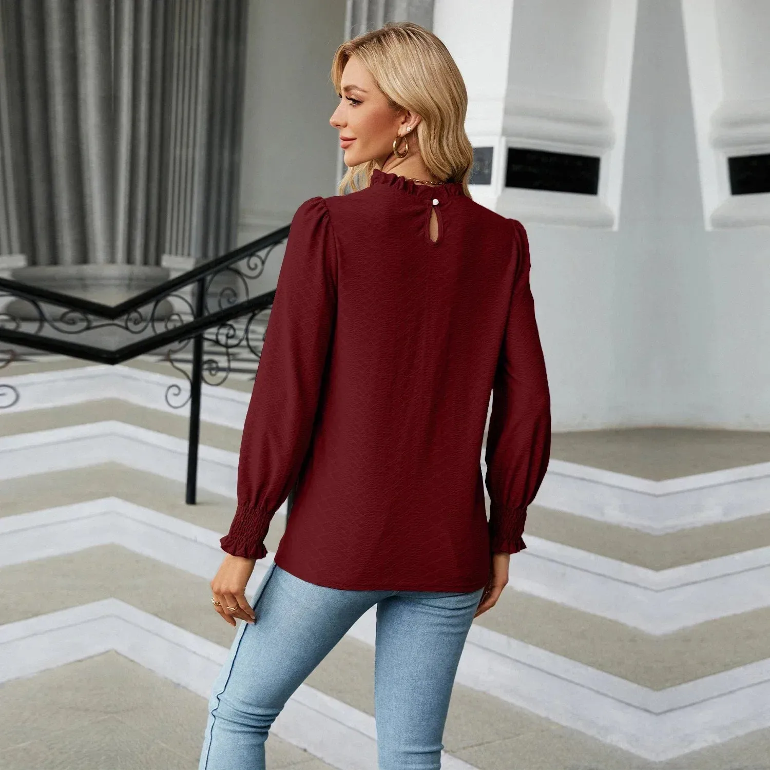 Women's Shirts & Blouses for Women Elegant Tops Long Sleeve Shirring Korean Popular Clothes Black Blue Woman Clothing Trend 2024