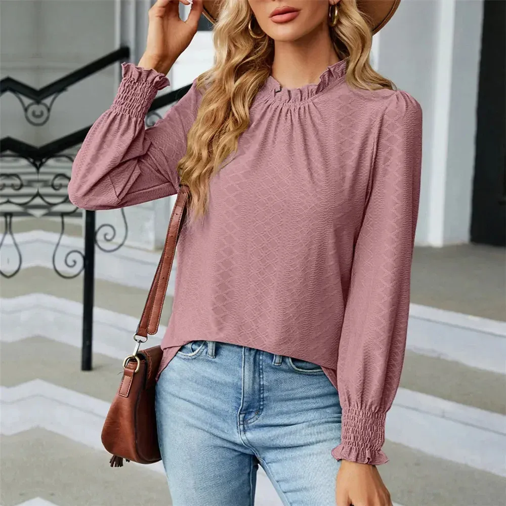Women's Shirts & Blouses for Women Elegant Tops Long Sleeve Shirring Korean Popular Clothes Black Blue Woman Clothing Trend 2024