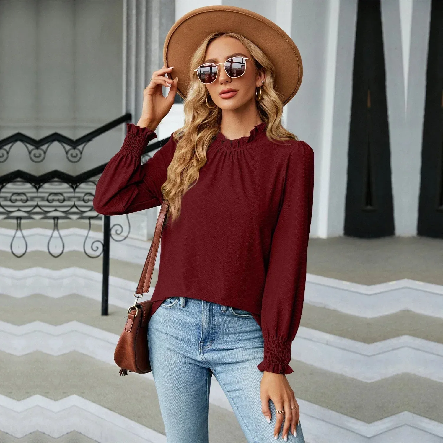 Women's Shirts & Blouses for Women Elegant Tops Long Sleeve Shirring Korean Popular Clothes Black Blue Woman Clothing Trend 2024