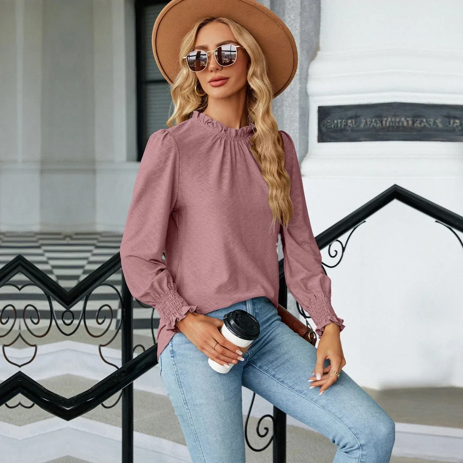 Women's Shirts & Blouses for Women Elegant Tops Long Sleeve Shirring Korean Popular Clothes Black Blue Woman Clothing Trend 2024