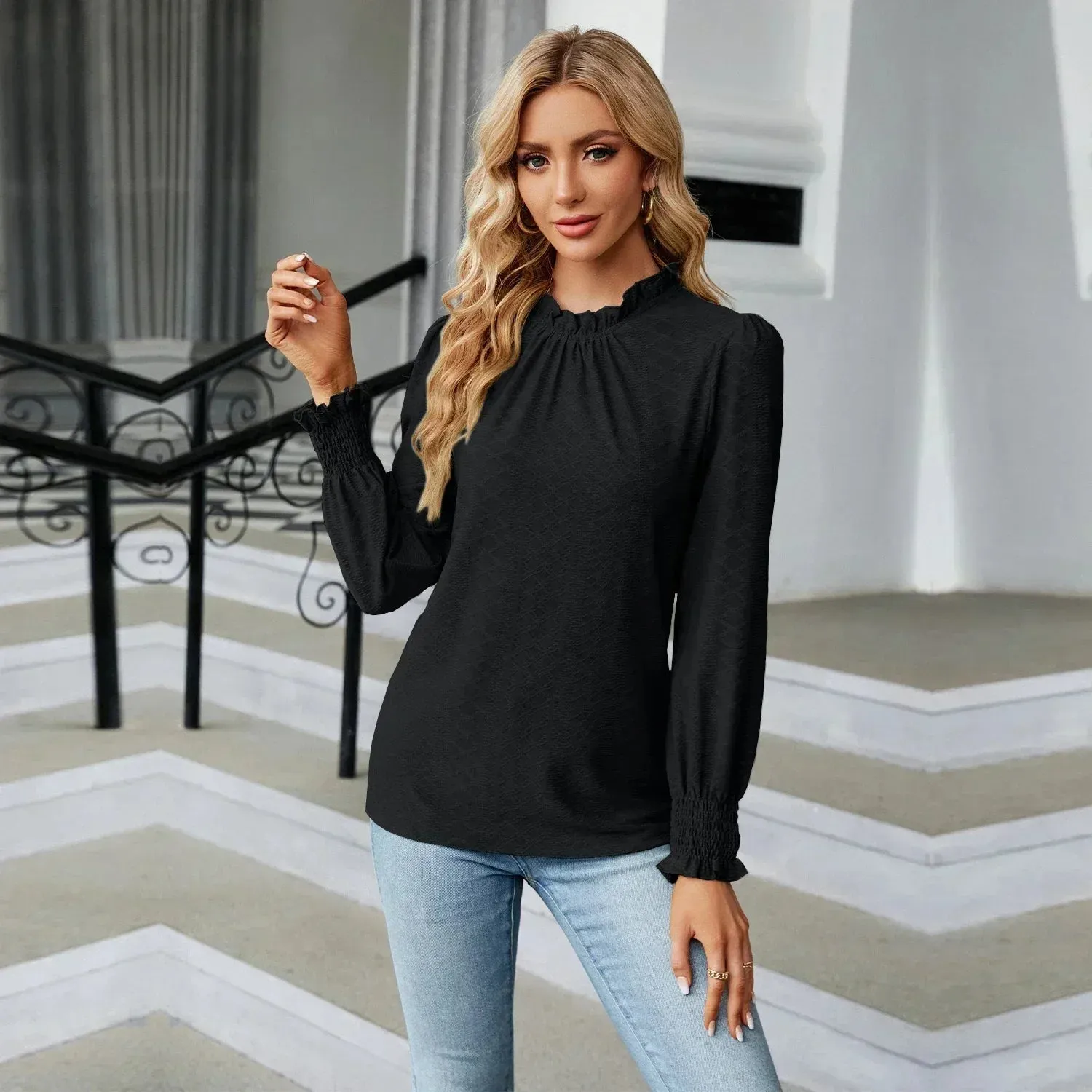 Women's Shirts & Blouses for Women Elegant Tops Long Sleeve Shirring Korean Popular Clothes Black Blue Woman Clothing Trend 2024