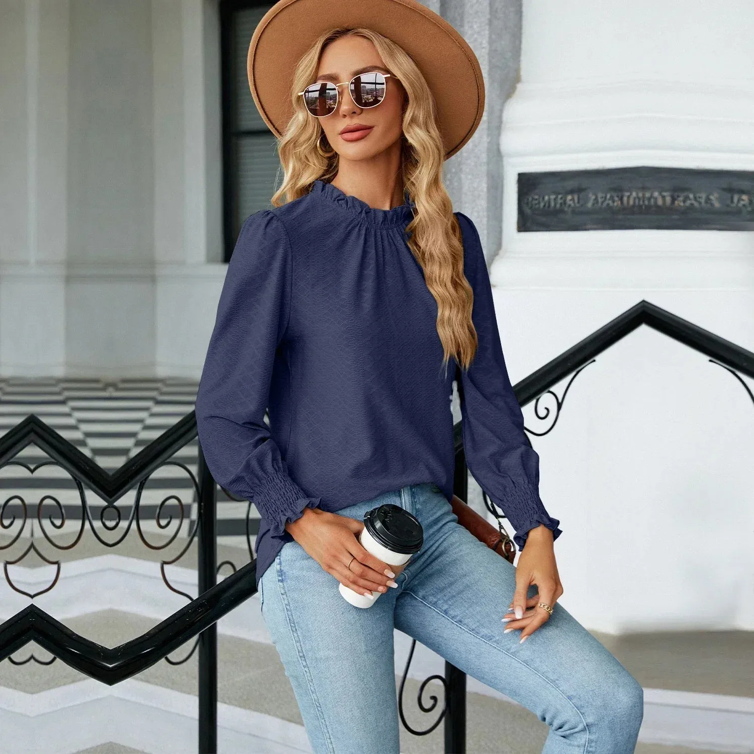 Women's Shirts & Blouses for Women Elegant Tops Long Sleeve Shirring Korean Popular Clothes Black Blue Woman Clothing Trend 2024