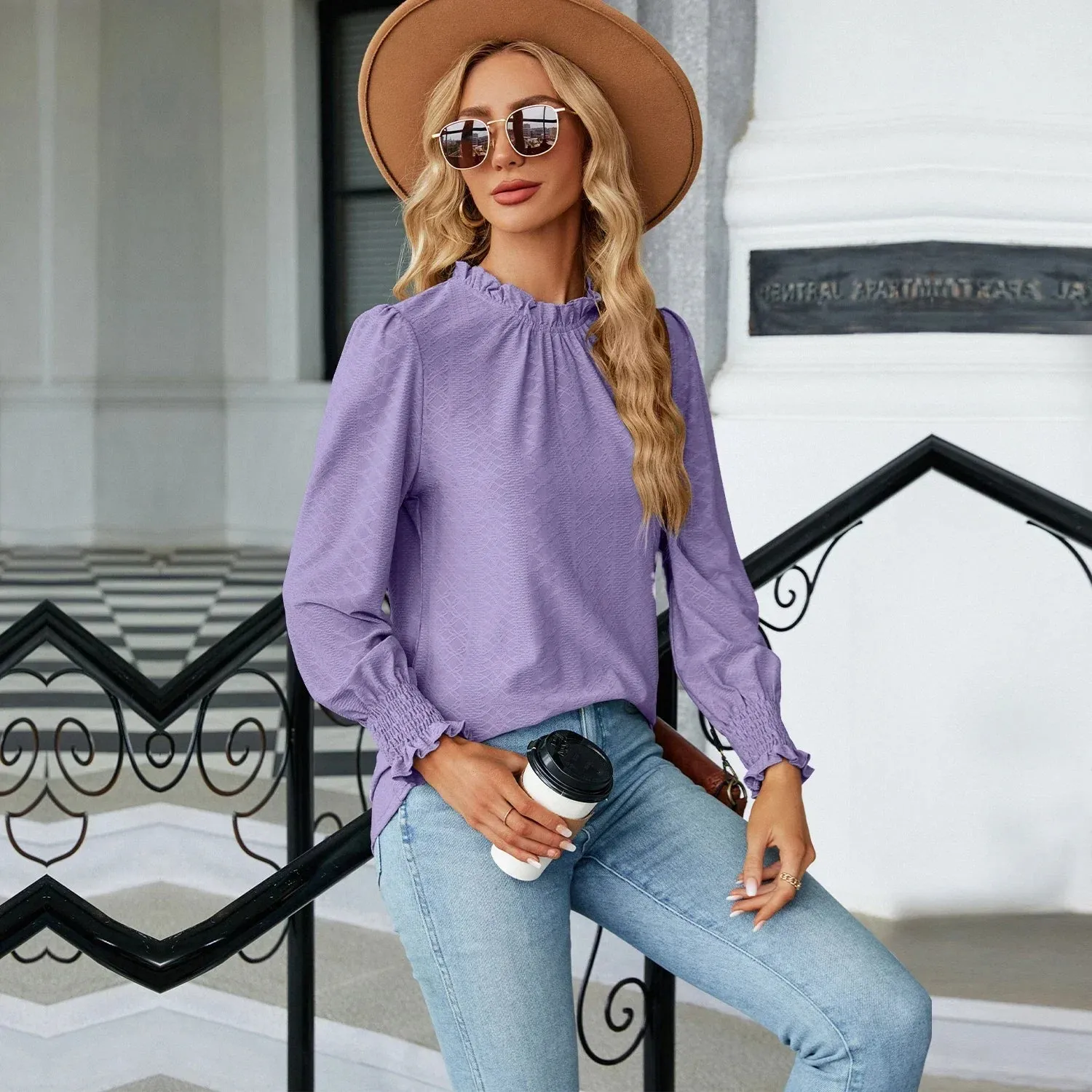 Women's Shirts & Blouses for Women Elegant Tops Long Sleeve Shirring Korean Popular Clothes Black Blue Woman Clothing Trend 2024