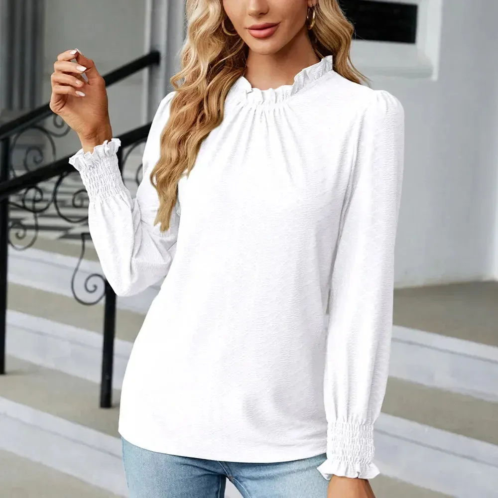 Women's Shirts & Blouses for Women Elegant Tops Long Sleeve Shirring Korean Popular Clothes Black Blue Woman Clothing Trend 2024
